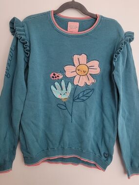 🧸2/20$ Girls Teal Flower Appliqué Sweater Pink Accents Size 10 Girl Ruffles